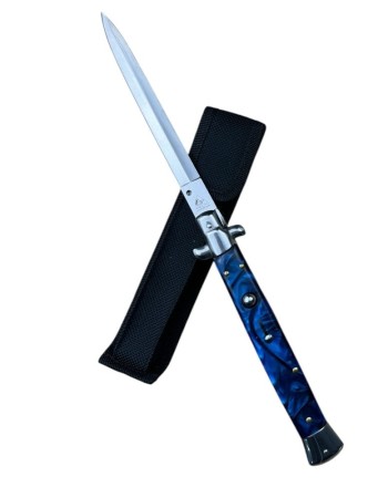 Briceag cu mecanism automat AKC037, lama otel inoxidabil 14.6 cm, maner ergonomic albastru, husa protectie inclusa