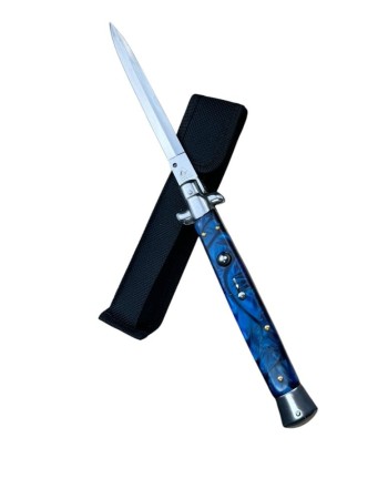 Briceag cu mecanism automat AKC037, lama otel inoxidabil 14.6 cm, maner ergonomic albastru, husa protectie inclusa