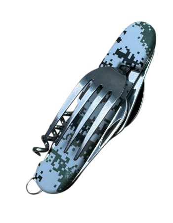 Briceag detasabil multifunctional 6 in 1, compus din lingura , furculita, cutit, desfacator de sticla, tirbuson si desfacator conserve