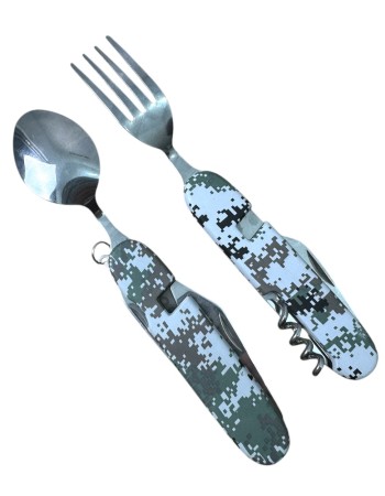 Briceag detasabil multifunctional 6 in 1, compus din lingura , furculita, cutit, desfacator de sticla, tirbuson si desfacator conserve