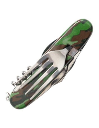 Briceag multifunctional pentru drumetie 6in1 Verde, include furculita, lingura, cutit, tirbuson, desfacator sticle si desfacator conserve