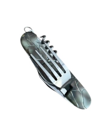 Briceag multifunctional pentru supravietuire 6in1 verde, include furculita, lingura, cutit, tirbuson, desfacator sticle si desfacator conserve