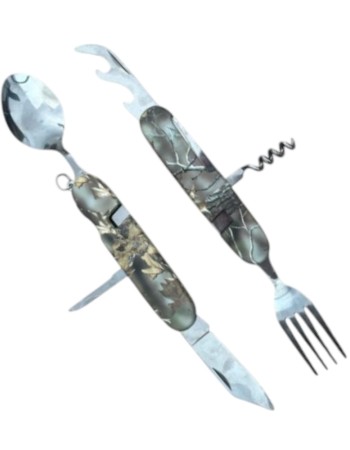 Briceag multifunctional pentru supravietuire 6in1 verde, include furculita, lingura, cutit, tirbuson, desfacator sticle si desfacator conserve