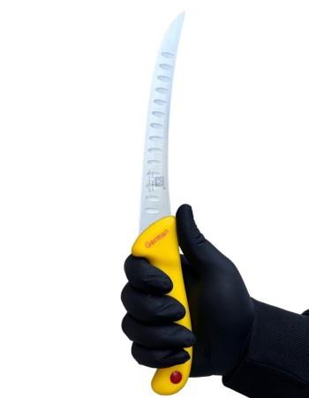 Cutit pentru transat si filetat, 32 cm, cu alveole, lama curbata, otel inoxidabil, Galben