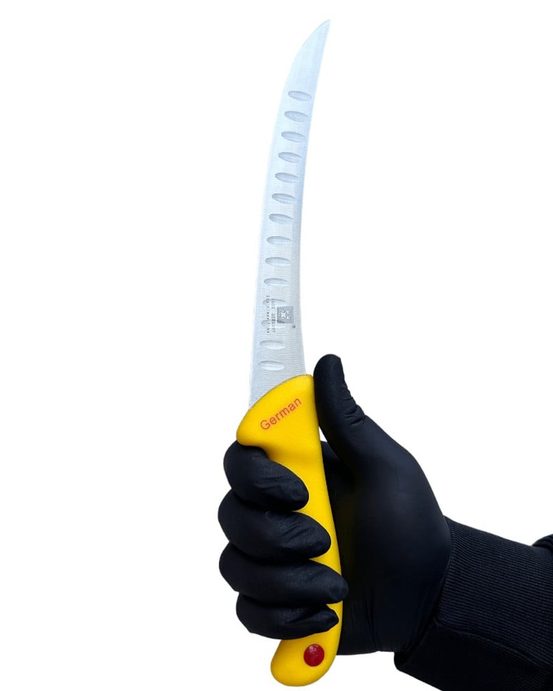 Cutit pentru transat si filetat, 32 cm, cu alveole, lama curbata, otel inoxidabil, Galben