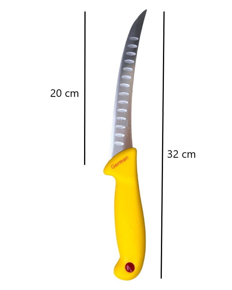 Cutit pentru transat si filetat, 32 cm, cu alveole, lama curbata, otel inoxidabil, Galben